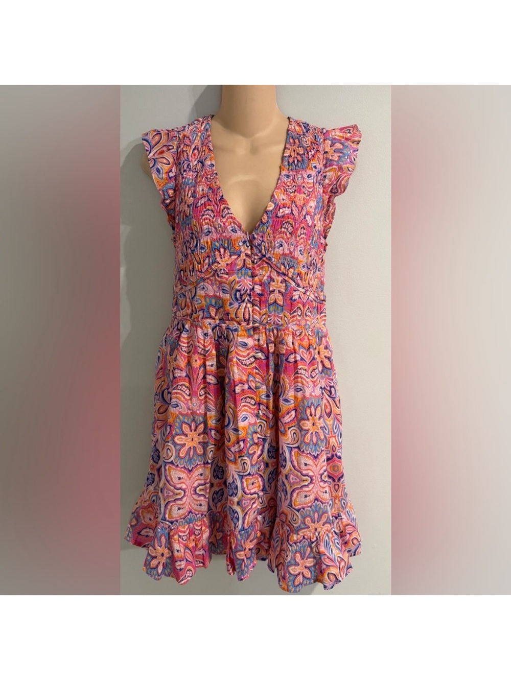 Anthropologie Peregrine Smocked Ruffled Pink Floral V-Neck Mini Dress SMALL - Picture 7 of 14